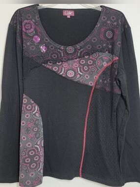 COLINE Black & Pink Long Sleeve Decorative Top 3X LIKE NEW